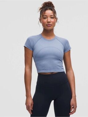 Lululemon Swiftly Tech Cropped Short Sleeve 2.0-striped wash denim/starch blue